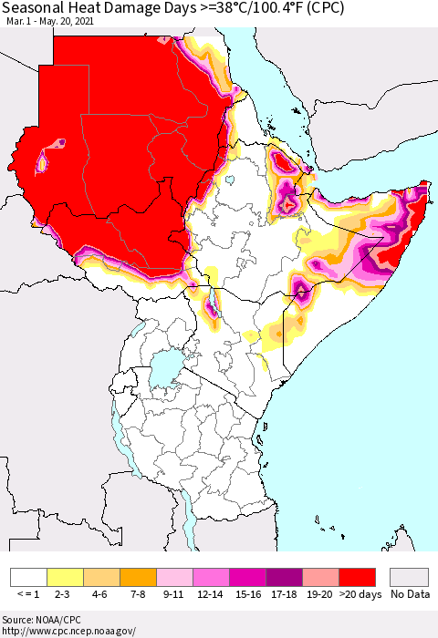 Eastern Africa Seasonal Heat Damage Days >=38°C/100°F (CPC) Thematic Map For 3/1/2021 - 5/20/2021