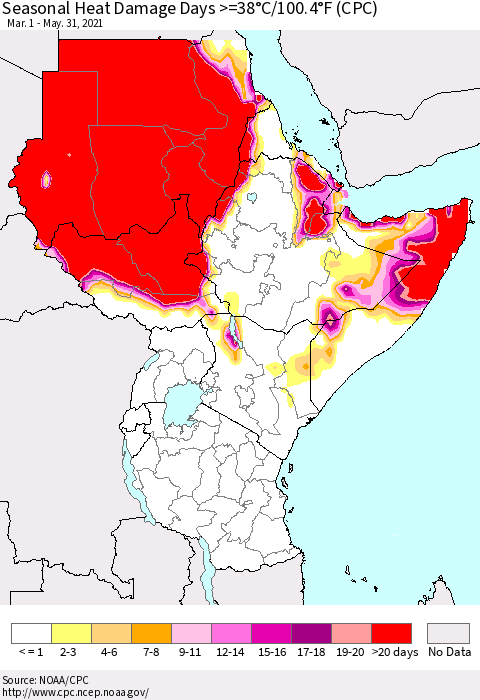 Eastern Africa Seasonal Heat Damage Days >=38°C/100°F (CPC) Thematic Map For 3/1/2021 - 5/31/2021