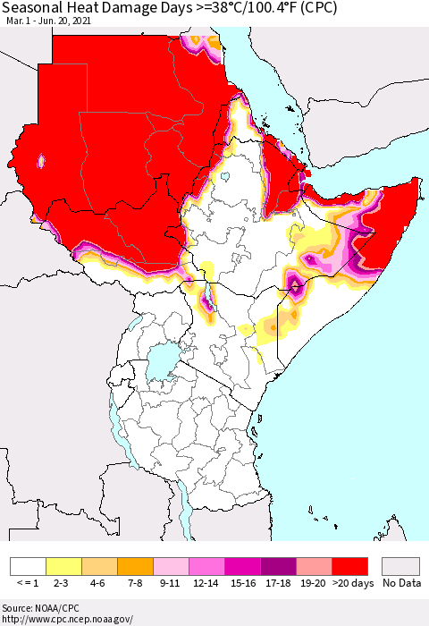 Eastern Africa Seasonal Heat Damage Days >=38°C/100°F (CPC) Thematic Map For 3/1/2021 - 6/20/2021