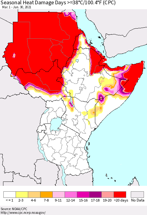 Eastern Africa Seasonal Heat Damage Days >=38°C/100°F (CPC) Thematic Map For 3/1/2021 - 6/30/2021