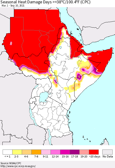 Eastern Africa Seasonal Heat Damage Days >=38°C/100°F (CPC) Thematic Map For 3/1/2021 - 9/10/2021