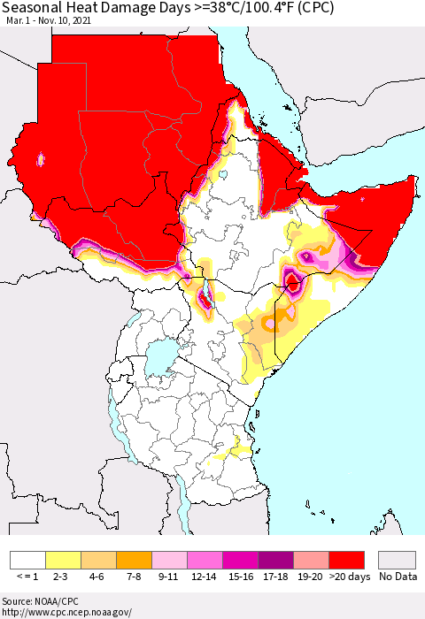 Eastern Africa Seasonal Heat Damage Days >=38°C/100°F (CPC) Thematic Map For 3/1/2021 - 11/10/2021