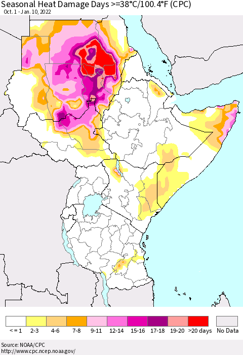 Eastern Africa Seasonal Heat Damage Days >=38°C/100°F (CPC) Thematic Map For 10/1/2021 - 1/10/2022