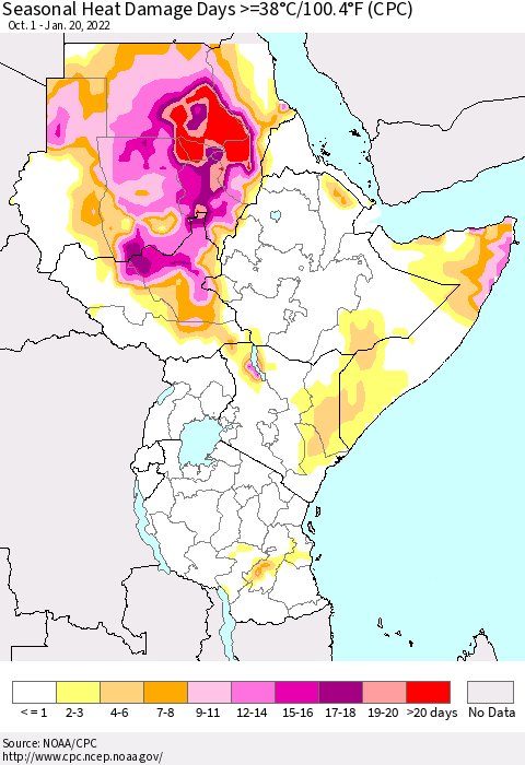 Eastern Africa Seasonal Heat Damage Days >=38°C/100°F (CPC) Thematic Map For 10/1/2021 - 1/20/2022