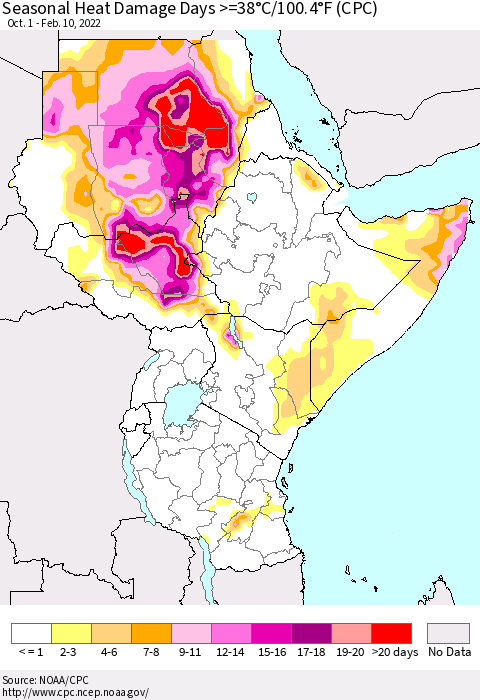 Eastern Africa Seasonal Heat Damage Days >=38°C/100°F (CPC) Thematic Map For 10/1/2021 - 2/10/2022