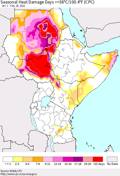 Eastern Africa Seasonal Heat Damage Days >=38°C/100°F (CPC) Thematic Map For 10/1/2021 - 2/28/2022