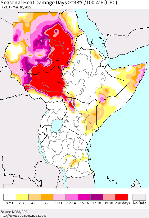 Eastern Africa Seasonal Heat Damage Days >=38°C/100°F (CPC) Thematic Map For 10/1/2021 - 3/10/2022
