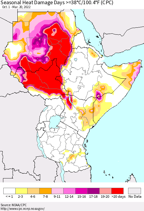 Eastern Africa Seasonal Heat Damage Days >=38°C/100°F (CPC) Thematic Map For 10/1/2021 - 3/20/2022