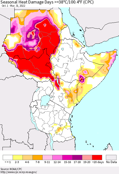 Eastern Africa Seasonal Heat Damage Days >=38°C/100°F (CPC) Thematic Map For 10/1/2021 - 3/31/2022