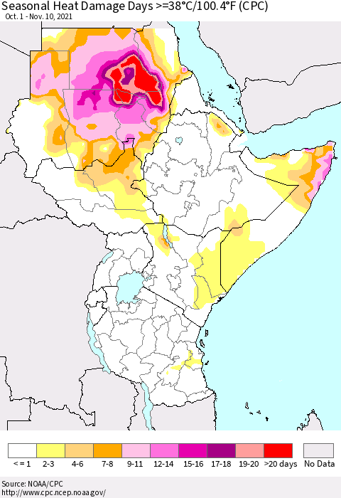 Eastern Africa Seasonal Heat Damage Days >=38°C/100°F (CPC) Thematic Map For 10/1/2021 - 11/10/2021