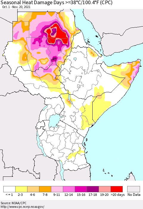 Eastern Africa Seasonal Heat Damage Days >=38°C/100°F (CPC) Thematic Map For 10/1/2021 - 11/20/2021