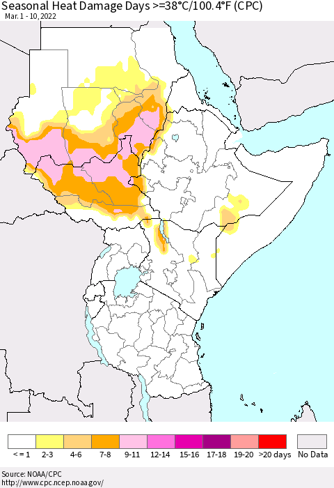 Eastern Africa Seasonal Heat Damage Days >=38°C/100°F (CPC) Thematic Map For 3/1/2022 - 3/10/2022