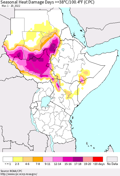 Eastern Africa Seasonal Heat Damage Days >=38°C/100°F (CPC) Thematic Map For 3/1/2022 - 3/20/2022