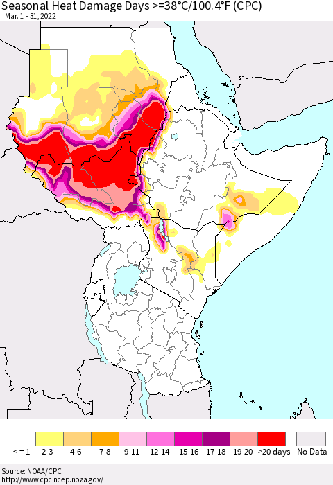 Eastern Africa Seasonal Heat Damage Days >=38°C/100°F (CPC) Thematic Map For 3/1/2022 - 3/31/2022
