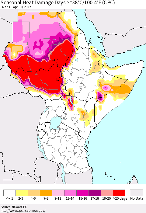 Eastern Africa Seasonal Heat Damage Days >=38°C/100°F (CPC) Thematic Map For 3/1/2022 - 4/10/2022