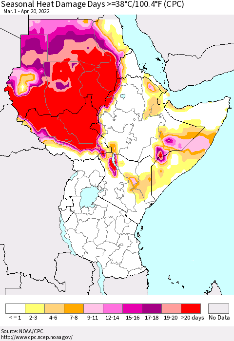 Eastern Africa Seasonal Heat Damage Days >=38°C/100°F (CPC) Thematic Map For 3/1/2022 - 4/20/2022