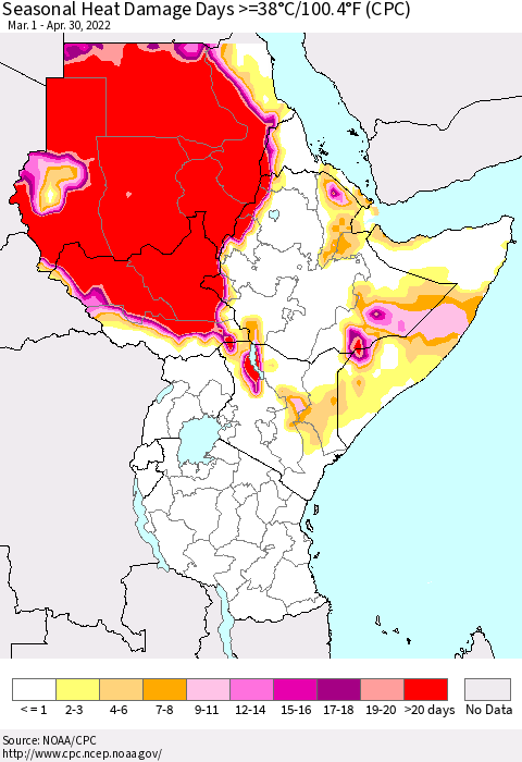 Eastern Africa Seasonal Heat Damage Days >=38°C/100°F (CPC) Thematic Map For 3/1/2022 - 4/30/2022