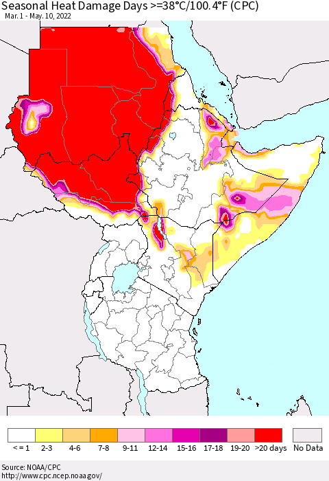 Eastern Africa Seasonal Heat Damage Days >=38°C/100°F (CPC) Thematic Map For 3/1/2022 - 5/10/2022