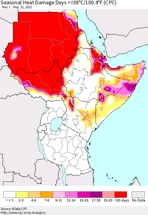 Eastern Africa Seasonal Heat Damage Days >=38°C/100°F (CPC) Thematic Map For 3/1/2022 - 5/31/2022