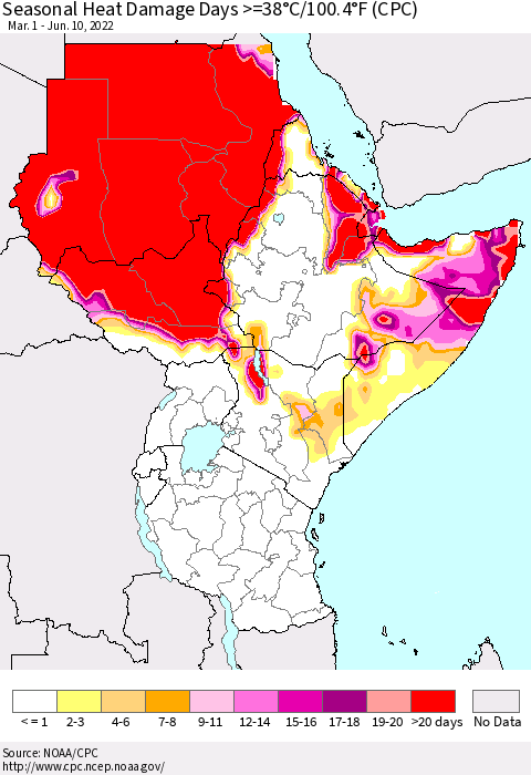 Eastern Africa Seasonal Heat Damage Days >=38°C/100°F (CPC) Thematic Map For 3/1/2022 - 6/10/2022