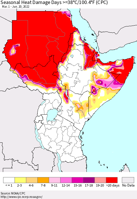Eastern Africa Seasonal Heat Damage Days >=38°C/100°F (CPC) Thematic Map For 3/1/2022 - 6/20/2022