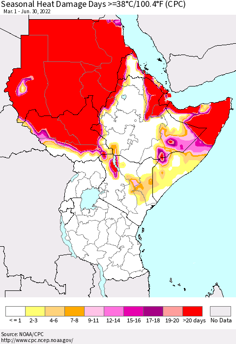 Eastern Africa Seasonal Heat Damage Days >=38°C/100°F (CPC) Thematic Map For 3/1/2022 - 6/30/2022