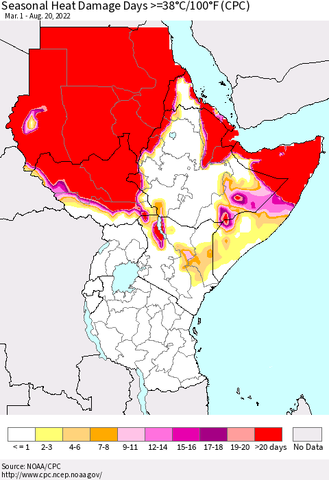 Eastern Africa Seasonal Heat Damage Days >=38°C/100°F (CPC) Thematic Map For 3/1/2022 - 8/20/2022