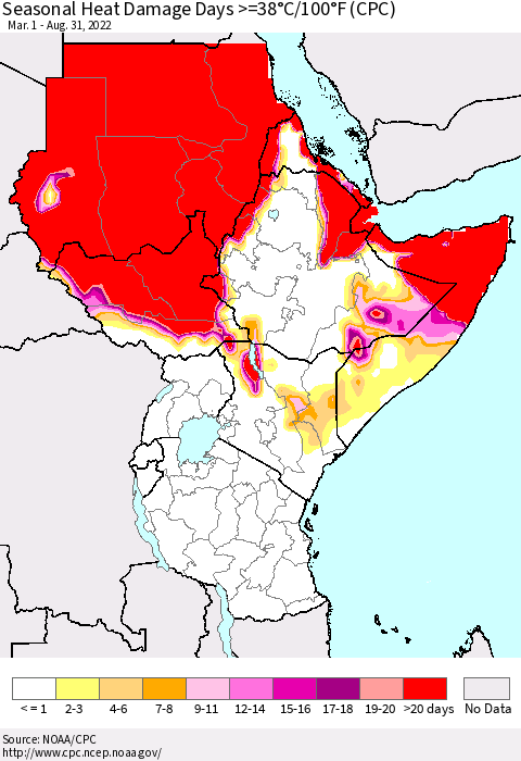 Eastern Africa Seasonal Heat Damage Days >=38°C/100°F (CPC) Thematic Map For 3/1/2022 - 8/31/2022