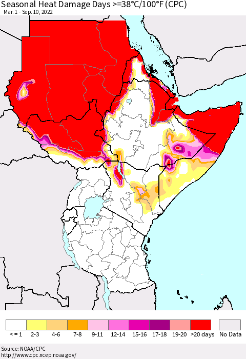 Eastern Africa Seasonal Heat Damage Days >=38°C/100°F (CPC) Thematic Map For 3/1/2022 - 9/10/2022