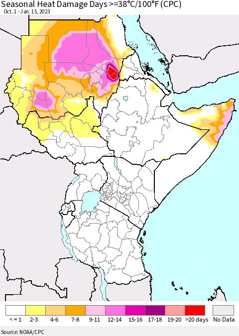 Eastern Africa Seasonal Heat Damage Days >=38°C/100°F (CPC) Thematic Map For 10/1/2022 - 1/15/2023