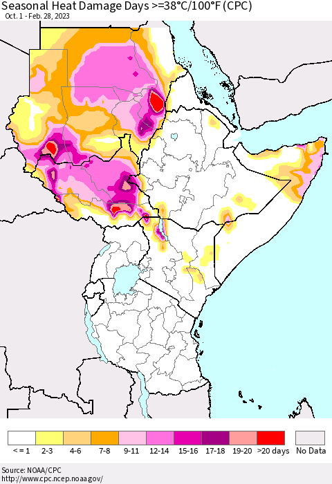 Eastern Africa Seasonal Heat Damage Days >=38°C/100°F (CPC) Thematic Map For 10/1/2022 - 2/28/2023