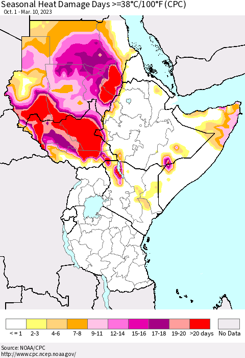 Eastern Africa Seasonal Heat Damage Days >=38°C/100°F (CPC) Thematic Map For 10/1/2022 - 3/10/2023