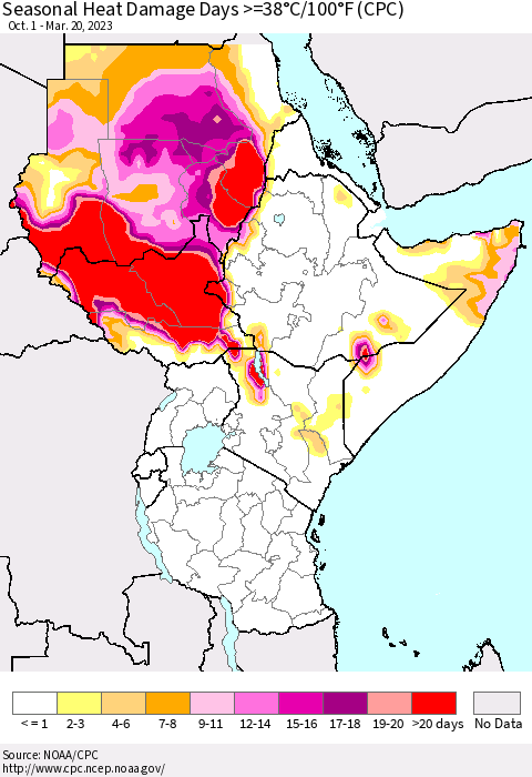 Eastern Africa Seasonal Heat Damage Days >=38°C/100°F (CPC) Thematic Map For 10/1/2022 - 3/20/2023