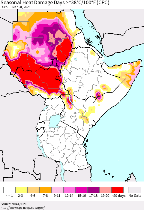 Eastern Africa Seasonal Heat Damage Days >=38°C/100°F (CPC) Thematic Map For 10/1/2022 - 3/31/2023