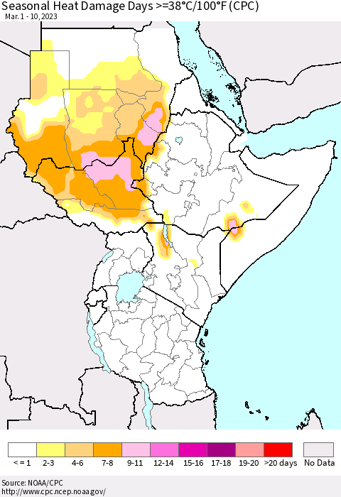Eastern Africa Seasonal Heat Damage Days >=38°C/100°F (CPC) Thematic Map For 3/1/2023 - 3/10/2023
