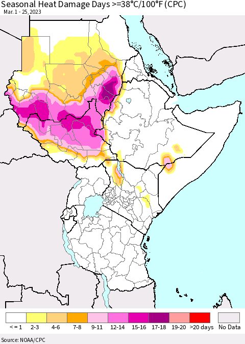Eastern Africa Seasonal Heat Damage Days >=38°C/100°F (CPC) Thematic Map For 3/1/2023 - 3/25/2023