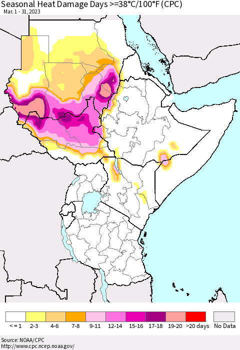Eastern Africa Seasonal Heat Damage Days >=38°C/100°F (CPC) Thematic Map For 3/1/2023 - 3/31/2023
