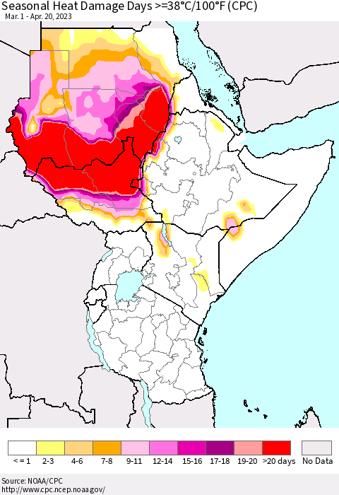 Eastern Africa Seasonal Heat Damage Days >=38°C/100°F (CPC) Thematic Map For 3/1/2023 - 4/20/2023
