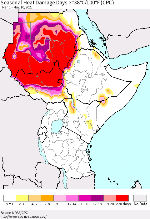 Eastern Africa Seasonal Heat Damage Days >=38°C/100°F (CPC) Thematic Map For 3/1/2023 - 5/10/2023