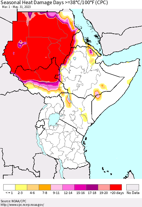 Eastern Africa Seasonal Heat Damage Days >=38°C/100°F (CPC) Thematic Map For 3/1/2023 - 5/31/2023