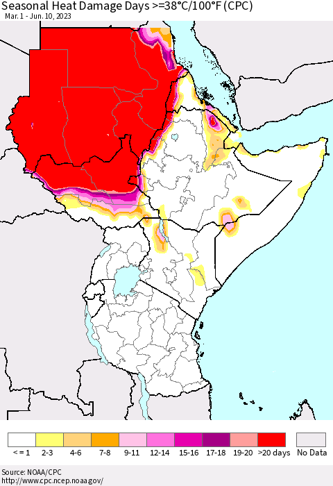 Eastern Africa Seasonal Heat Damage Days >=38°C/100°F (CPC) Thematic Map For 3/1/2023 - 6/10/2023