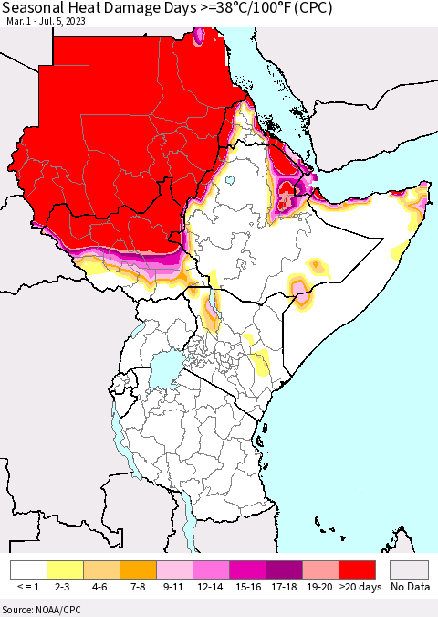 Eastern Africa Seasonal Heat Damage Days >=38°C/100°F (CPC) Thematic Map For 3/1/2023 - 7/5/2023