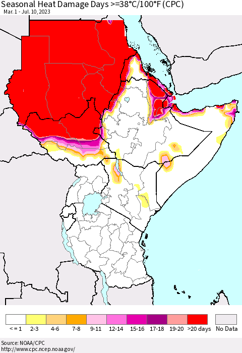 Eastern Africa Seasonal Heat Damage Days >=38°C/100°F (CPC) Thematic Map For 3/1/2023 - 7/10/2023