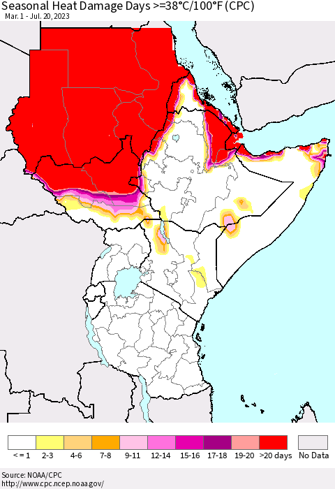 Eastern Africa Seasonal Heat Damage Days >=38°C/100°F (CPC) Thematic Map For 3/1/2023 - 7/20/2023