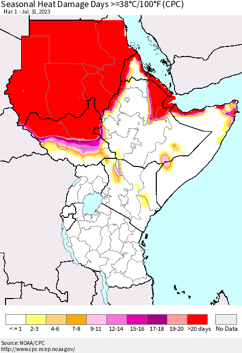Eastern Africa Seasonal Heat Damage Days >=38°C/100°F (CPC) Thematic Map For 3/1/2023 - 7/31/2023