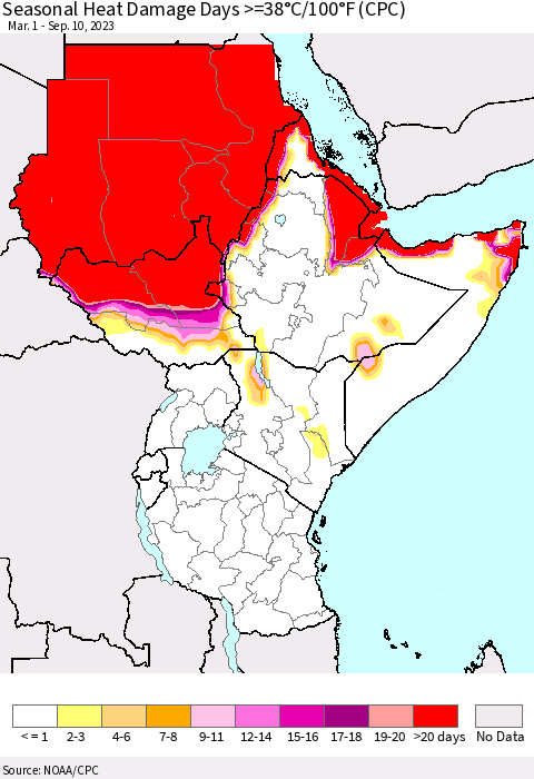 Eastern Africa Seasonal Heat Damage Days >=38°C/100°F (CPC) Thematic Map For 3/1/2023 - 9/10/2023
