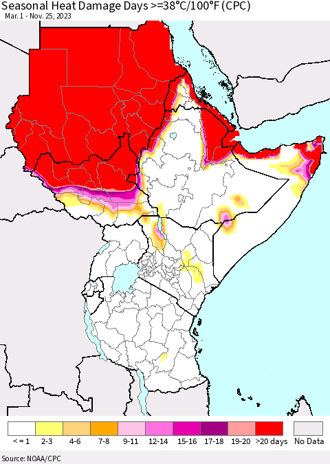 Eastern Africa Seasonal Heat Damage Days >=38°C/100°F (CPC) Thematic Map For 3/1/2023 - 11/25/2023