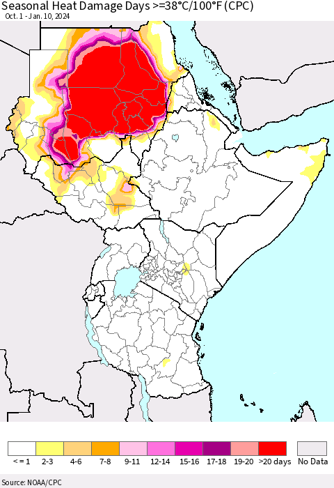 Eastern Africa Seasonal Heat Damage Days >=38°C/100°F (CPC) Thematic Map For 10/1/2023 - 1/10/2024