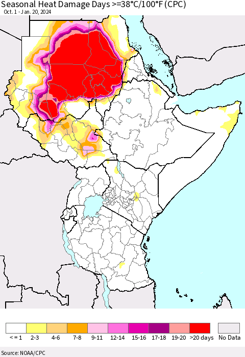 Eastern Africa Seasonal Heat Damage Days >=38°C/100°F (CPC) Thematic Map For 10/1/2023 - 1/20/2024