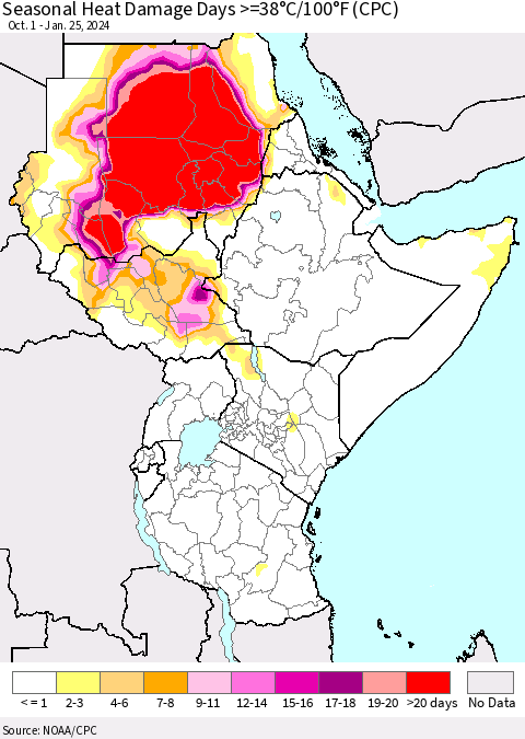 Eastern Africa Seasonal Heat Damage Days >=38°C/100°F (CPC) Thematic Map For 10/1/2023 - 1/25/2024